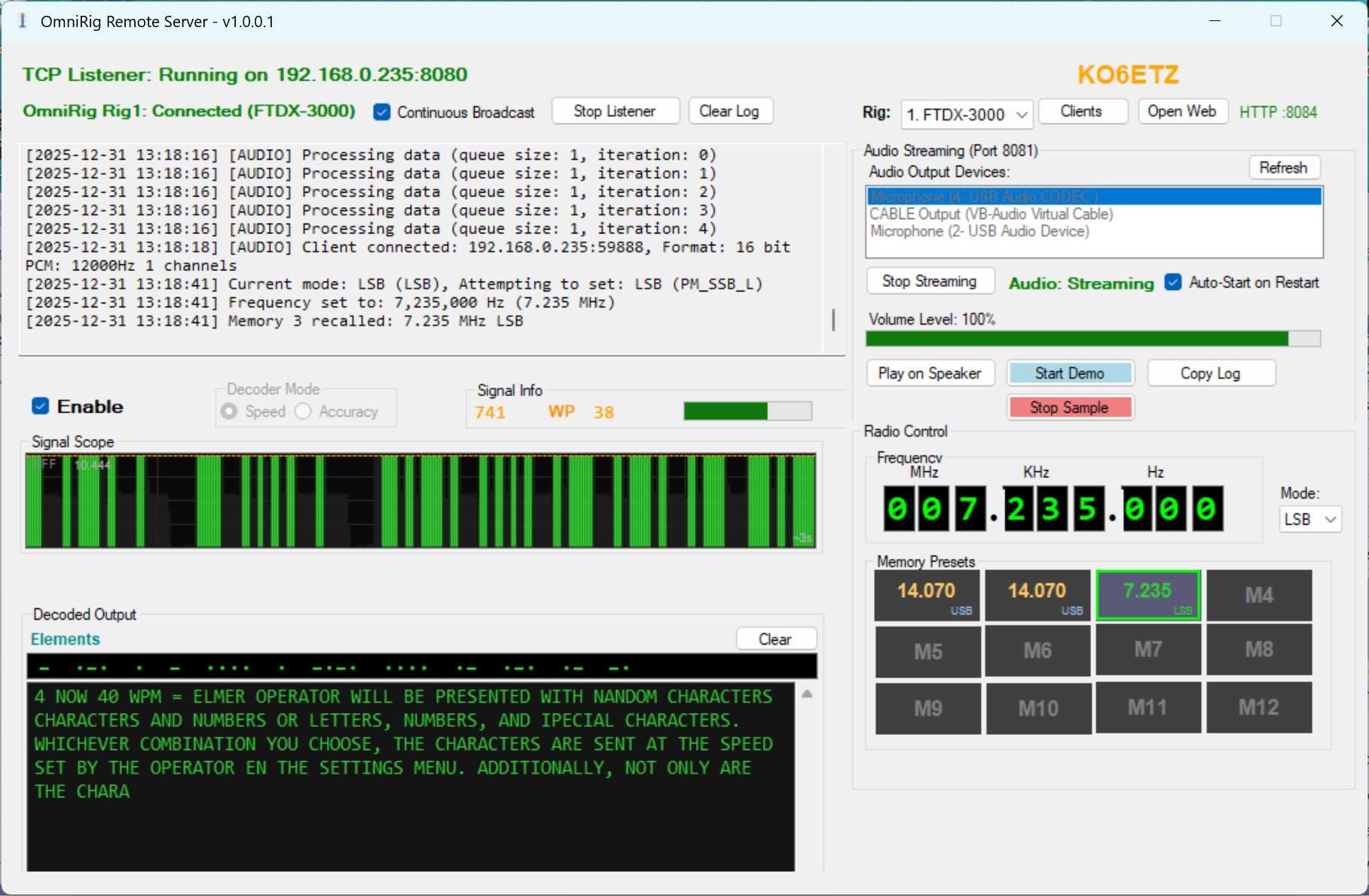 OmniRig Server interface showing radio control and decoder panels