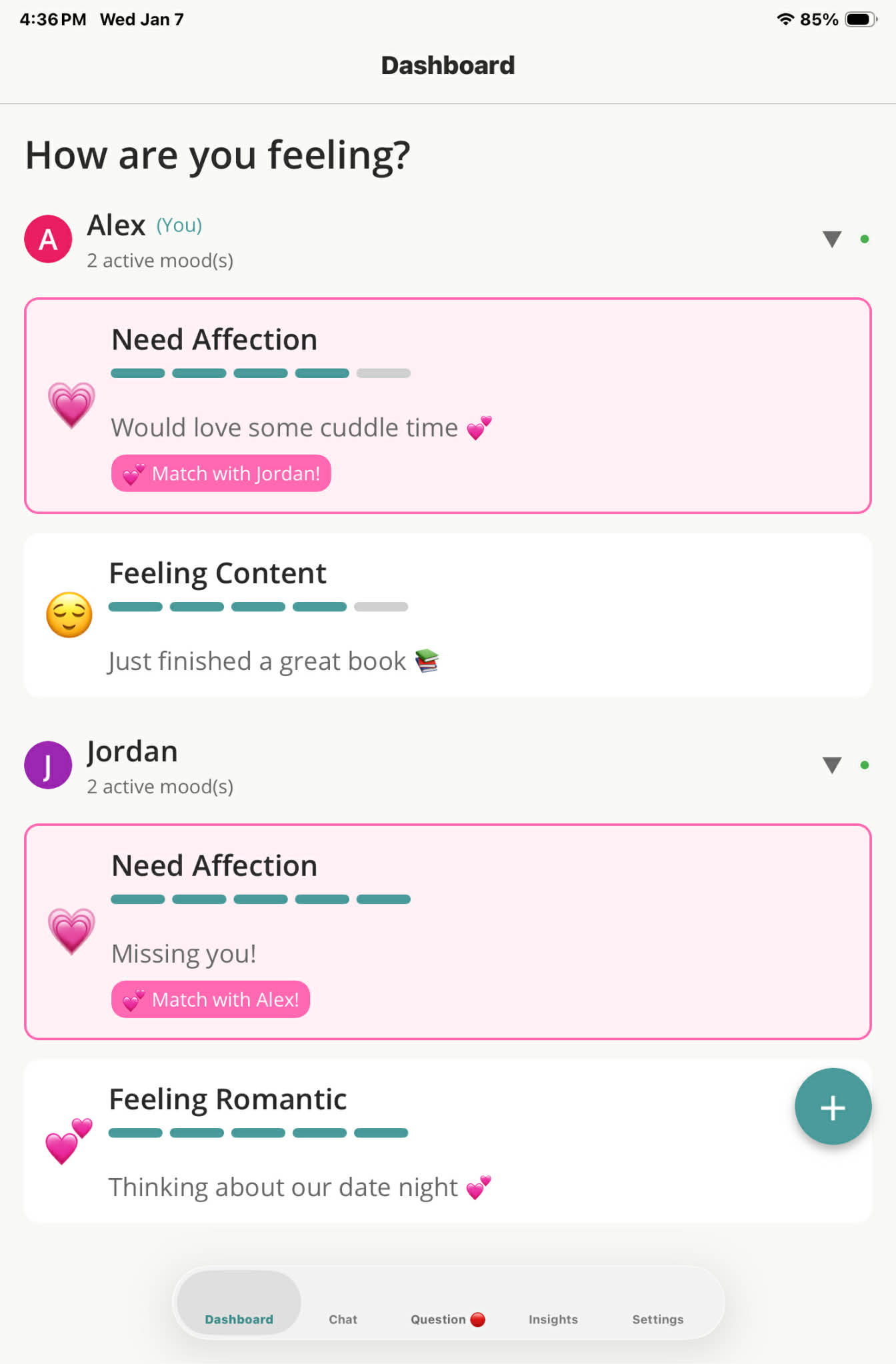 Intimate Connection dashboard showing mood matching between partners