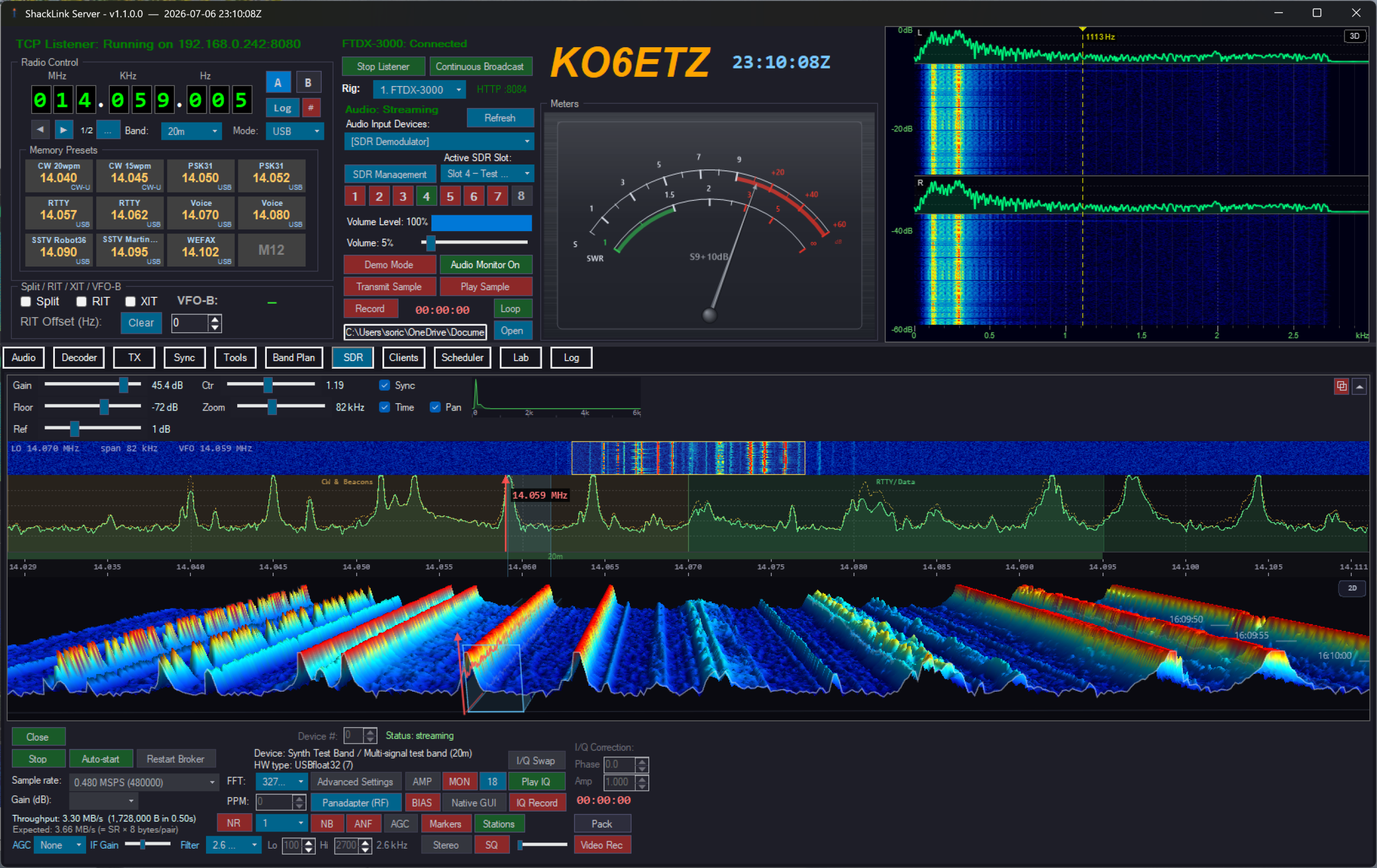 ShackLink Server SDR display with 3D waterfall