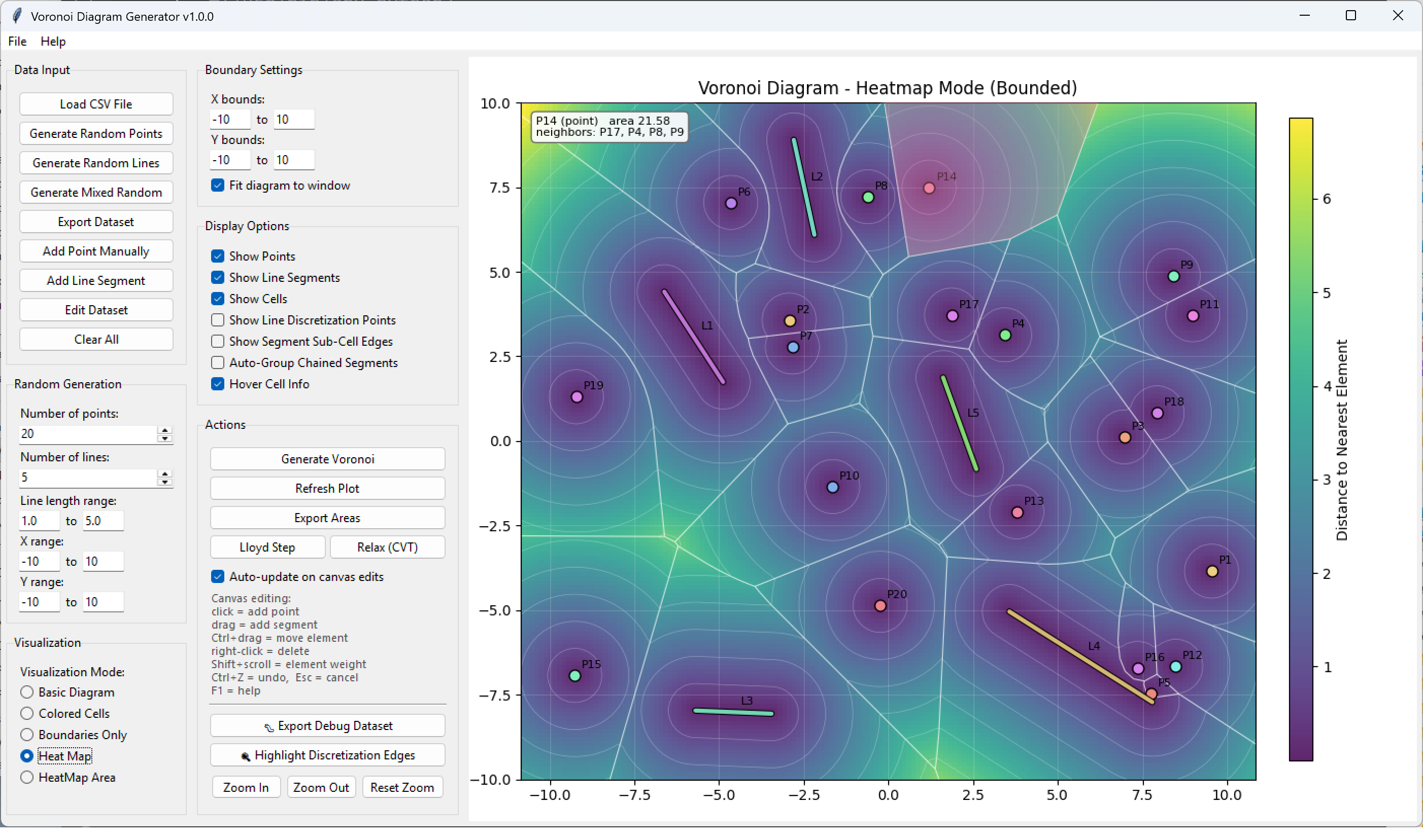 Voronoi Diagram Generator showing a distance heat map over point and line-segment seeds